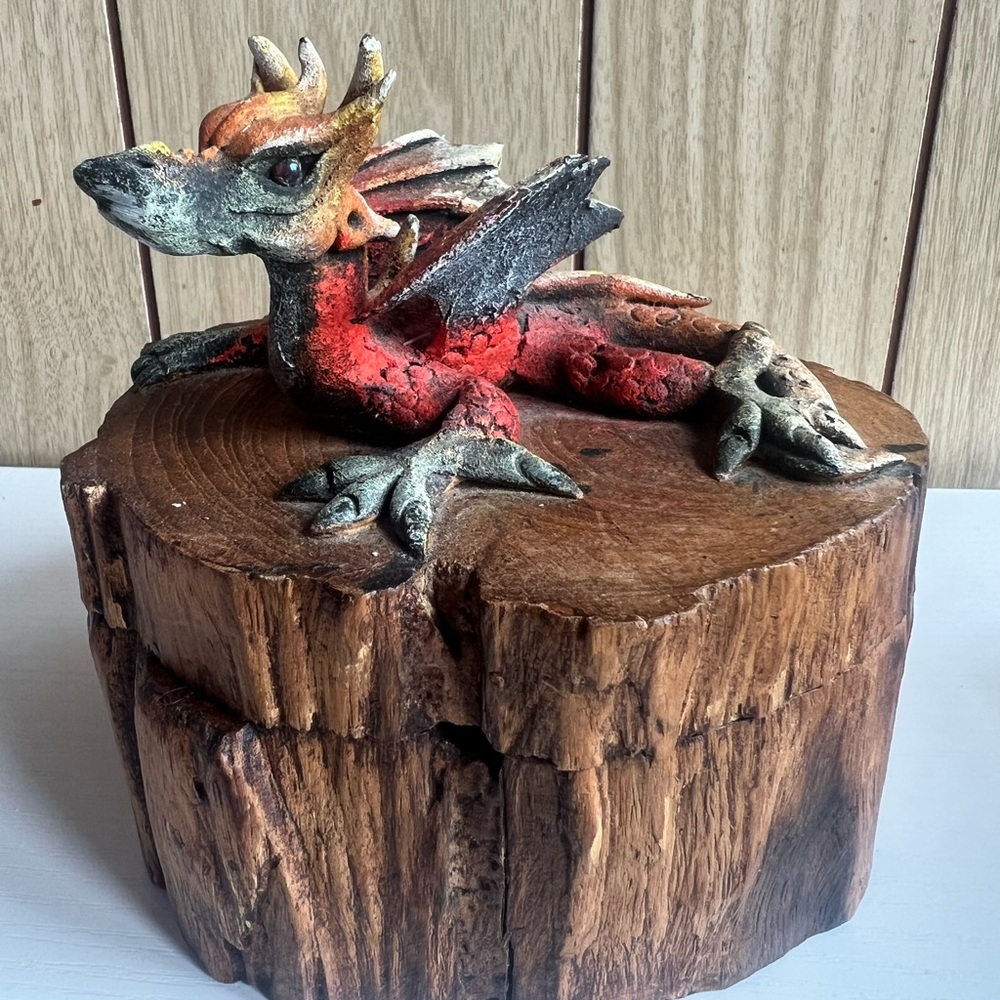 Red and Gray Dragon Figurine on Wooden base,  jeweler very cute and unique